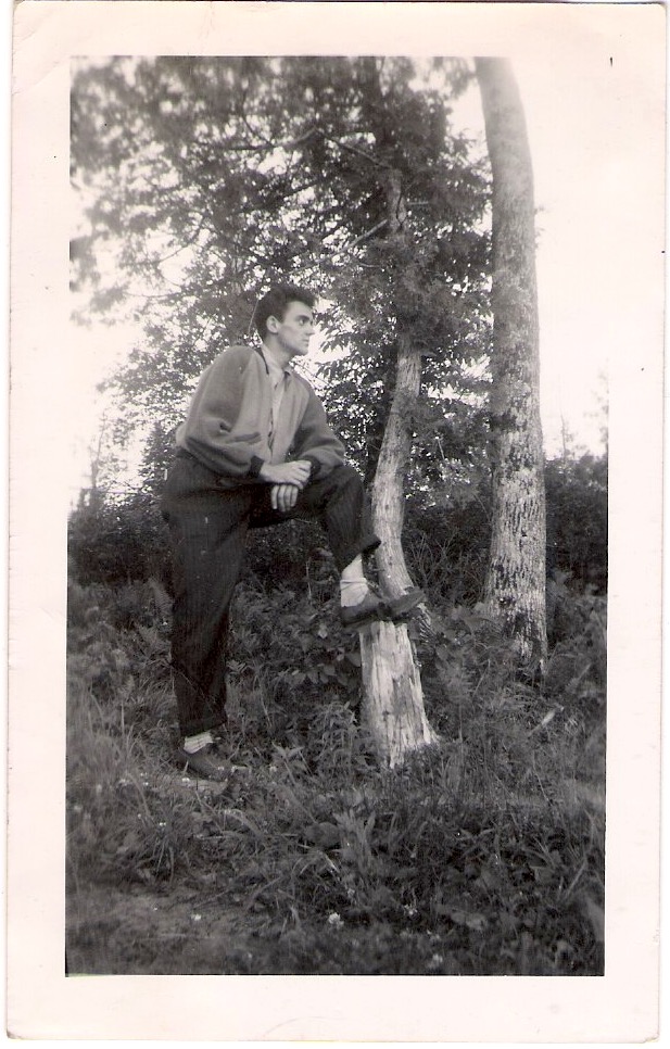 Vintage Anonymous Photograph, 'Man with Great Hair by Tree', Dated 1949, Measures 3 x 4.75 inches. $15