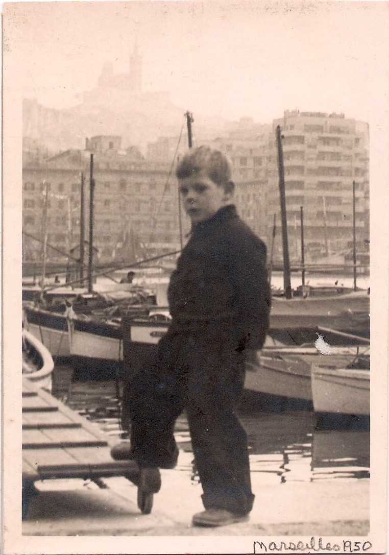 Mid Century Vintage Authentic Photograph, 'Adorable Boy in Fishing Harbour', Handwritten 'Marseilles 1950'. Measures 2.5 x 3.5 inches. From an American estate sale. $20.