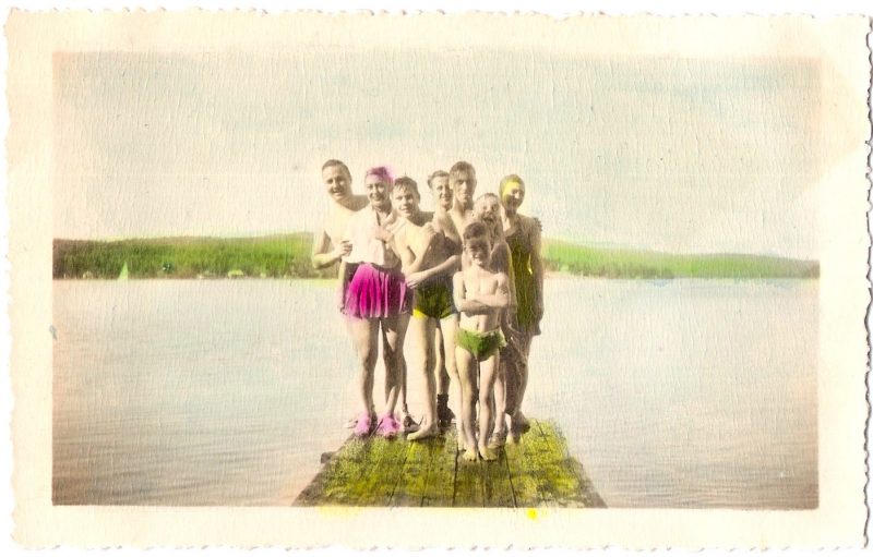 Vintage Anonymous Color Retouched Photograph, 'Family on the Dock by the Lake', Measures 4.75 x 3 inches. $25