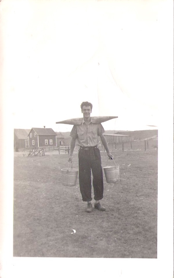 Vintage Anonymous Photograph, 'Very Happy Dude Carrying Buckets of Joy', Handwritten 'été 1949'. Measures 3 x 5 inches. $15