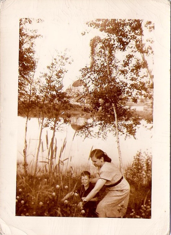Vintage Anonymous Photograph, 'Mother & Happy Child Picking Flowersby the River' Handwritten 'Aout 47'. Measures 3 x 4.5 inches. $15