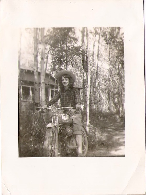 Vintage Anonymous Photograph, 'Beautiful Gal with Hat on Motorcycle' Measures 2.75 x 3.75 inches. $15
