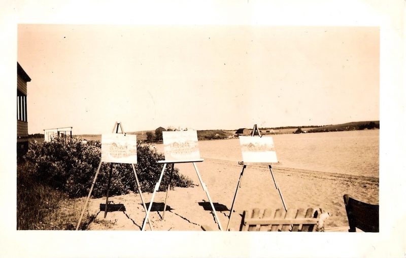 Vintage Anonymous Sepia Toned Photograph, 'Three Canvas on Easles  by the Beach House', Measures 3 x 4.75 inches. $15