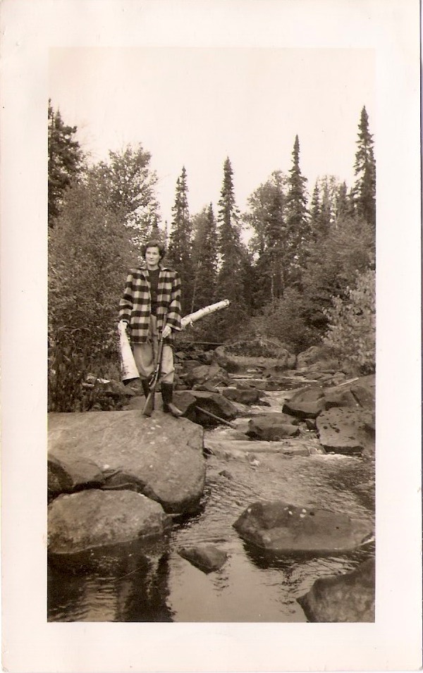 Vintage Anonymous Photograph, 'Woman with Hunting Gun & Birch Bark Moose Caller', Handwritten 'Sept 1950', Measures 3 x  4.75 inches. $15