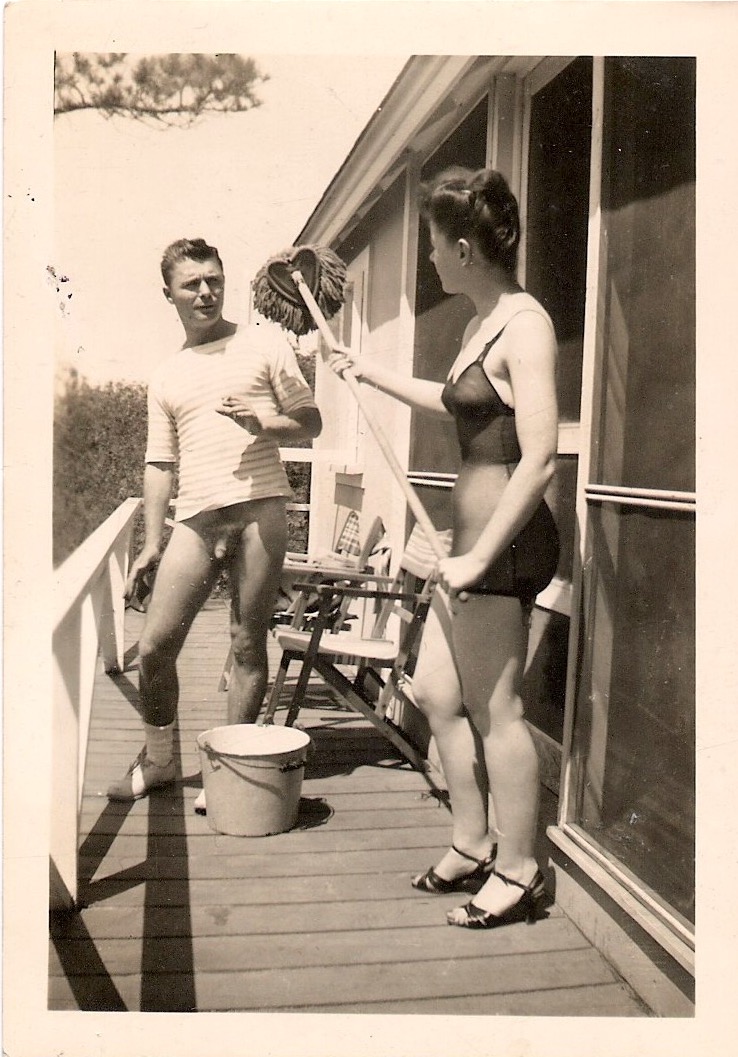 Mid Century Authentic Photograph, 'Friends House Cleaning Somewhat Naked, Outside their Beach House', Dated 1940 on verso, Measures 2.5 x 3.5 inches. SOLD.
