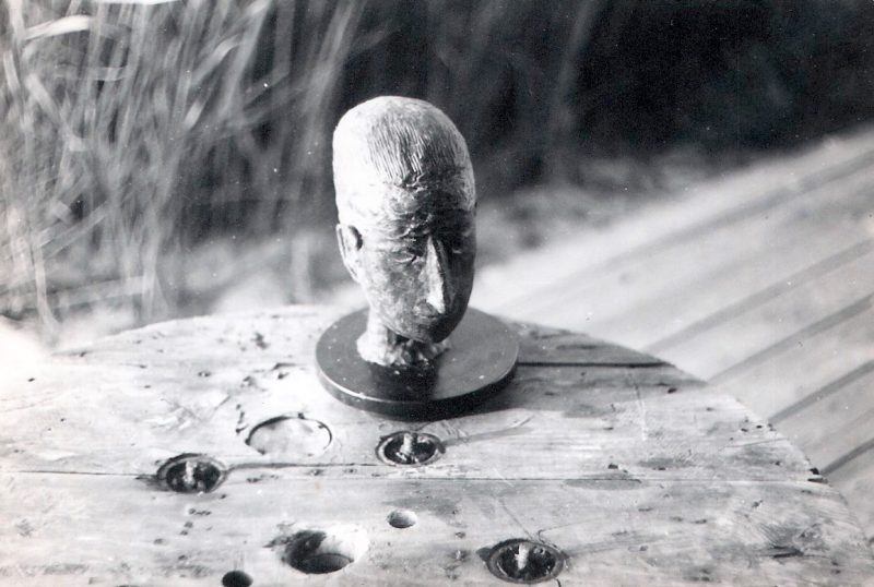 Fire Island Series, Mid Century Authentic Photograph, 'Sculpture of Head featured on Outside Deck of Beach House', Measures 4 x 2.75 inches. SOLD.