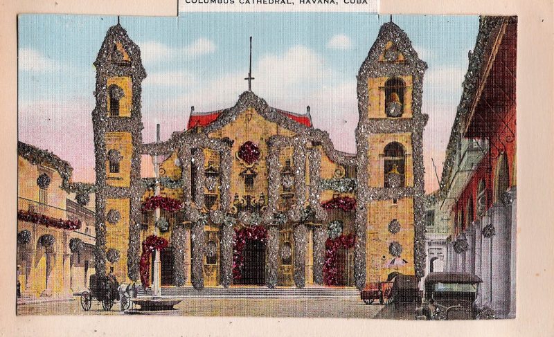 Vintage Postcard, 'Columbus Cathedral, Havana, Cuba', 3.5 x 5.5 inches. Card has been cut, then gluded on anothe cardboard base. Includes Hand Applied Glitter. $25.
