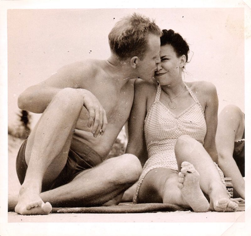 Mid Century Authentic Photograph, 'Kissing Couple in Bathing Suits', Measures 5 x 5.5 inches. $35.