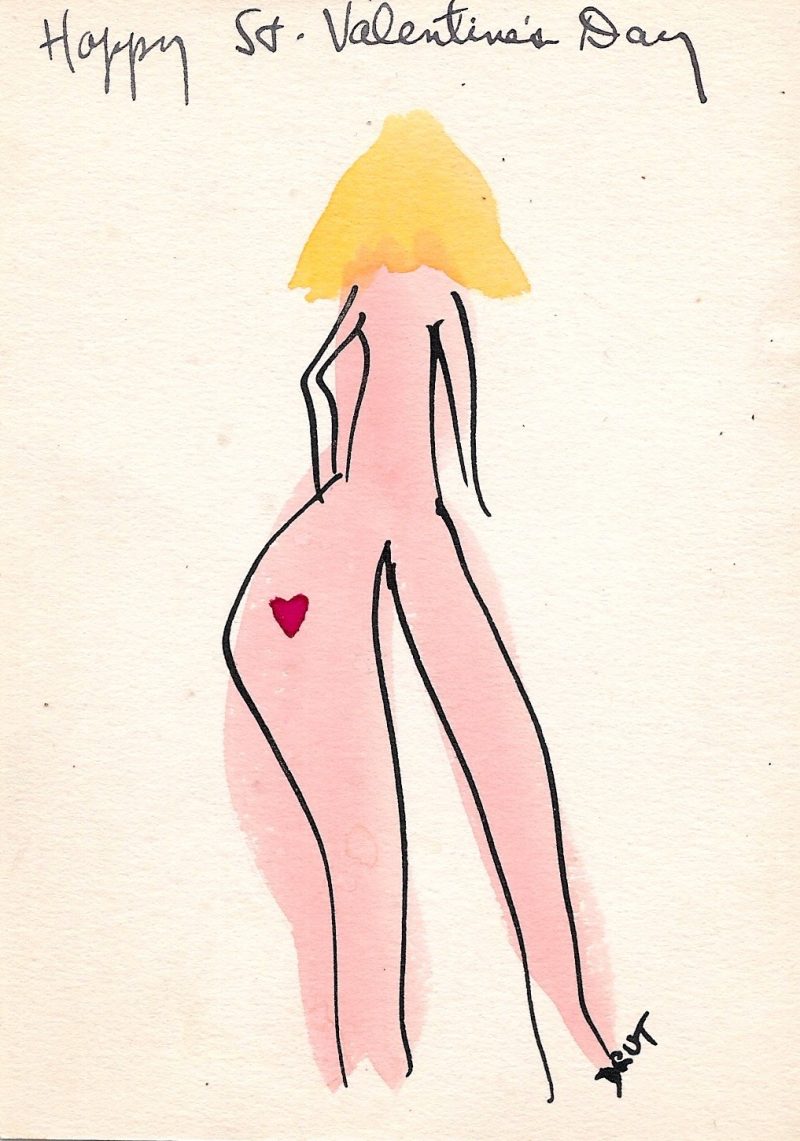 Hand Made / Drawn Valentine's Card, 'Nude Lady with Heart on Butt', Signed 'Drut', 1950's, Measures a certain size, $100.