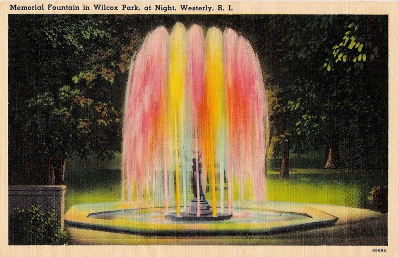 Mid Century Vintage Postcards, 'Memorial Fountain in Wilcox Park, at Night, R.I.' Message handwrittne on verso, Dated 1948. Measures approx. 4 x 5 inches (sizes vary slightly). $15. 