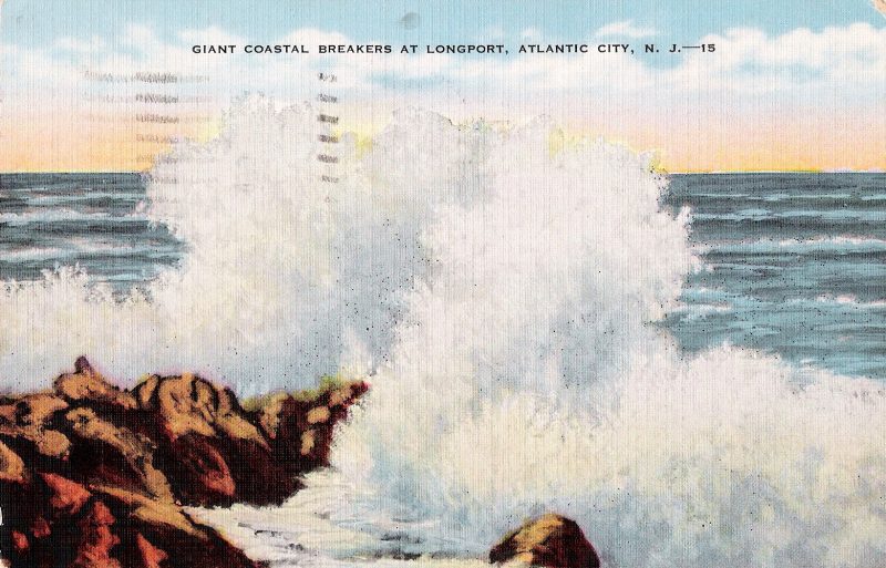 Mid Century Vintage Postcards, 'Giant Coastal Breakers at Longport, Atlantic City, N.J.', Message handwritten on verso, dated 1946. Measures approx. 4 x 5 inches (sizes vary slightly). $15.
