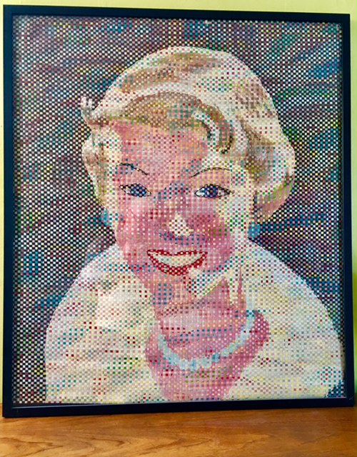 Rare, unusual, one of a kind woven painting. Basically, two paintings on paper, both cut in hundreds of 1/4 inch strips, then woven into one final piece. They are literally two paintings sliced and woven into each other. Unknown Ottawa artist & origin. Acquired in vintage shop in the 1990's. Measures 37.5 width x 43 inches height. Black metal frame. $3200. 