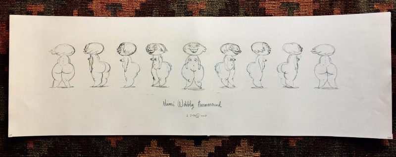 Authentic Pencil Drawing by Ottawa artist Dave Cooper. Measures 23 inches width x 7.5 inches height. Study drawing on white paper stock, for the character he created entitled “Mimi Wobbly Turnaround”. Signed on front & dated 2009. (lower bottom). $800.