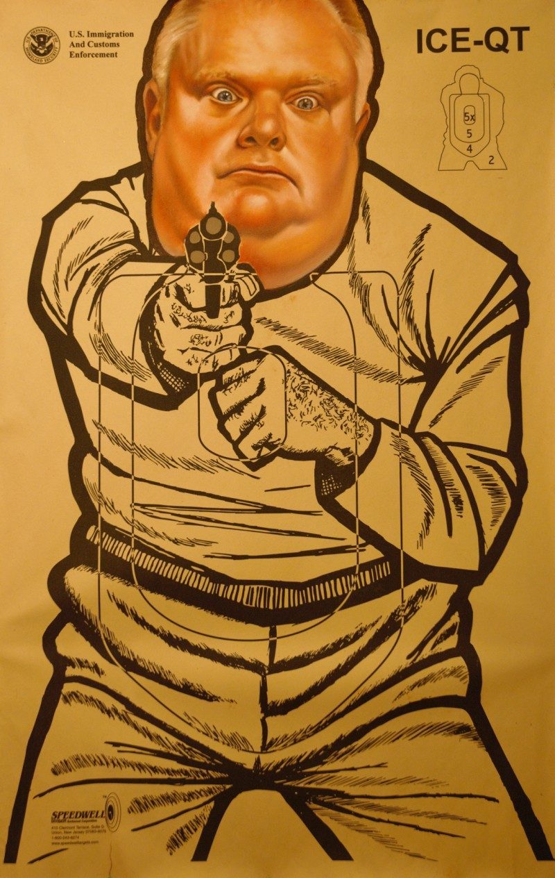 Rob Ford, by Peter Shmelzer, 22 x 35 inches, Oil on vintage shooting range poster, 2014, $650.