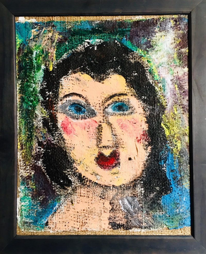 Anne Johnson (Ottawa, Canada), 'Woman with Mole', Mixed Media on Raw Hemp Cloth Mounted on Wood Board, Measures 18 inches widht x 22 inches height. Approx. 2015. 'Signed' with name on white tape on verso. Private Collection. 