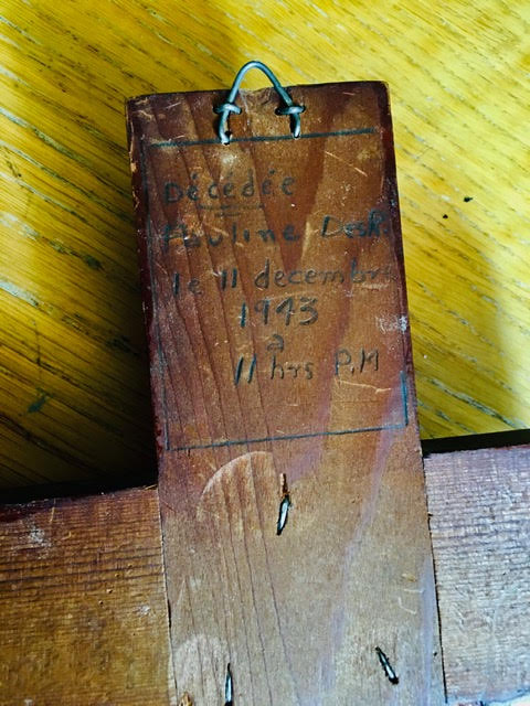 Wood & Metal, Was used by priest at the death of a person, Measures 13.5 inches height x 8 inches width. Handwritten on verso: 'Décédée Pauline DesR. Le 11 December 1943 a 11hrs pm.