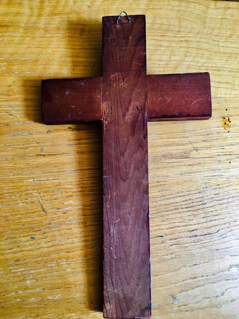 Wood & Metal, Was used by priest at the death of a person, Measures 13.5 inches height x 8 inches width. Handwritten on verso: 'Décédée Pauline DesR. Le 11 December 1943 a 11hrs pm.