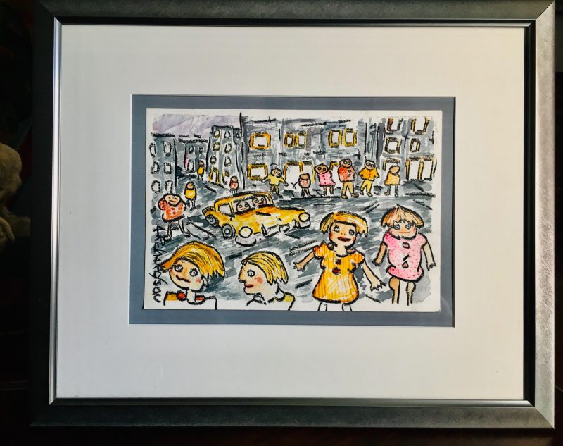 Lyle Richardson (Ottawa, Canada). 'Busy Downtown', 1990's. Framed Mixed Media on Found Paper. Drawing measures 11 inches width x 7.5 inches height. Frame measures 19.5 inches width x 16 inches height. Matted & Mounted on grey card stock. Frame is silver grey brushed metal. GIFTED / Private Collection.
