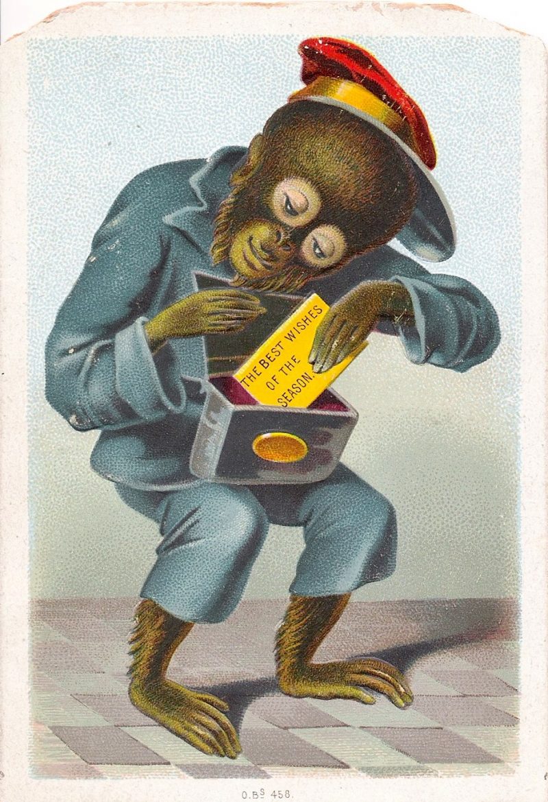 Antique Christmas Greeting Card, 'Monkey with Red Cap & Blue Suit', 1930's. Measures 3.25 x 4.75 inches. Xmas greeting handwritten on verso. $25. 