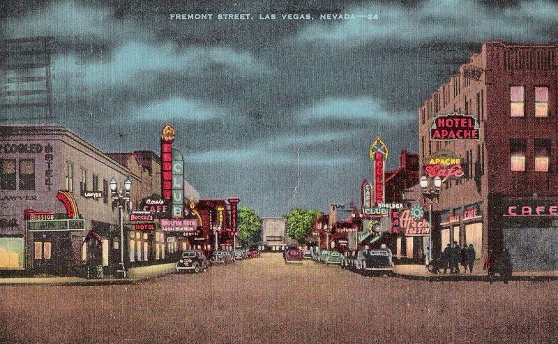 Mid Century Vintage Postcard, 'Freemont Street, Las Vegas, Nevada, USA'.  Handwritten on verso: 'There's not a decent plate of spaghetti within 3000 miles of here. Love, Erzik'. Dated August 23, 1941. Measures approx. 3.5 x 5.5 inches (sizes vary). $15.