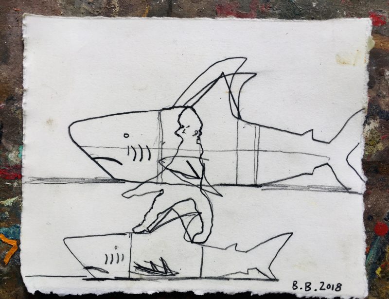 ´Squalo ' 2018. Shark Study / Shark Rider (Idea for Sculpture). Brewster Brockmann, Boca de Tomatlan, Mexico. Graphite on Found Paper, 20x16 cm. Signed, Titled & Dated. USD$125 / CAN$160