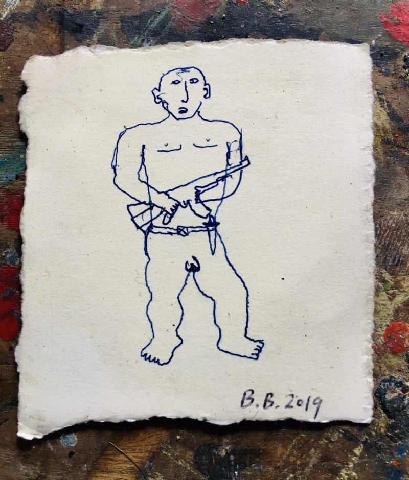´Niño Armado' 2019. Brewster Brockmann, Boca de Tomatlan, Mexico. Ink on Found Paper, 10x10 cm. Signed, Titled & Dated. USD$100 / CAN$130