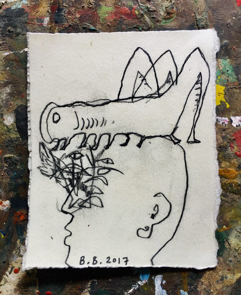 'Hombre Chapulin' (Grass Hopper Man) 2017, Brewster Brockmann, Boca de Tomatlan, Mexico, Graphite on Found Paper, 12x14cm. Signed, Titled & Dated. USD$100 / CAN$130