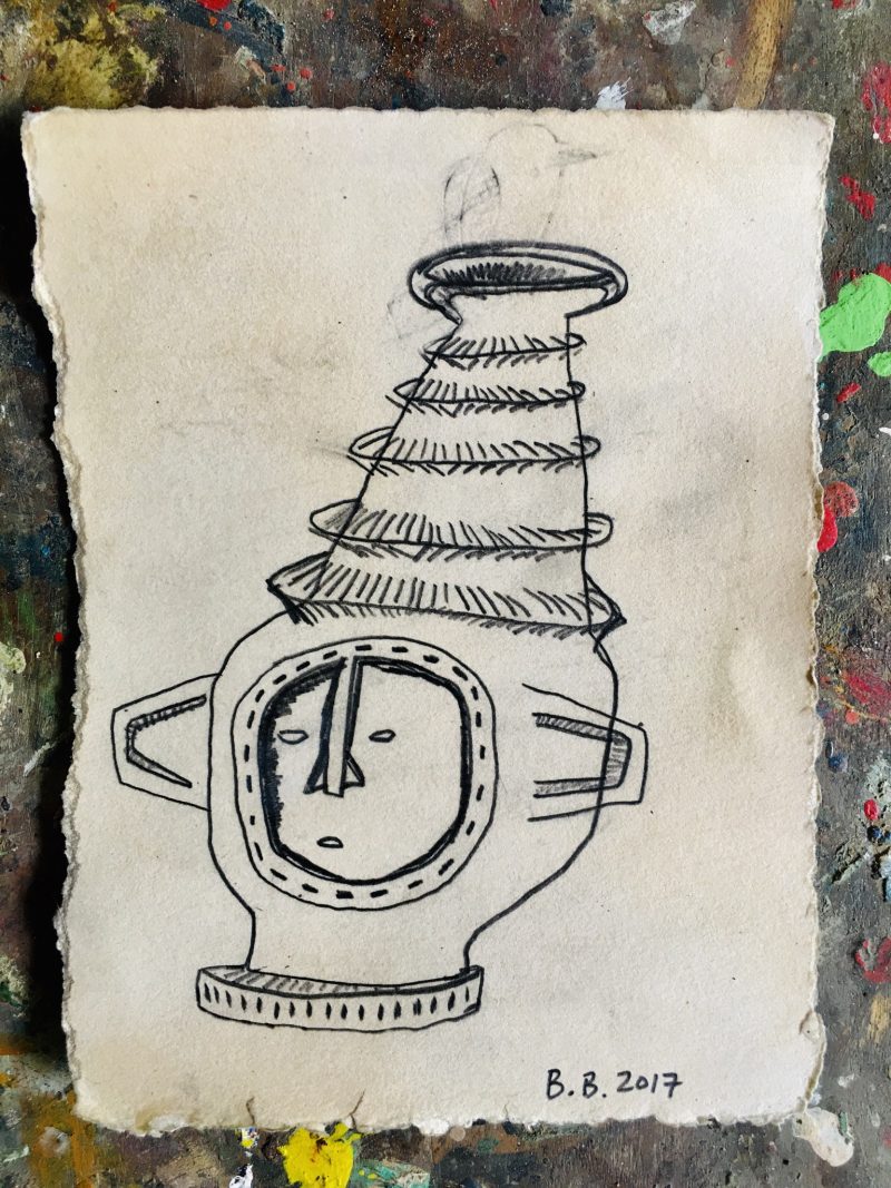 'Face Vessel / Olla Con Cara´ 2017. Brewster Brockmann, Boca de Tomatlan, Mexico. Graphite on Found Paper, 20x15 cm. Signed, Titled & Dated. USD$125 / CAN$160