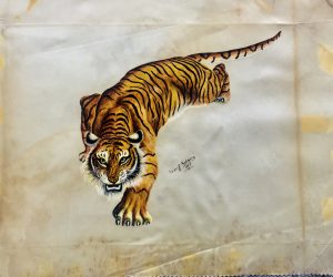 SOLD. Mid Century Tiger Painting on Silk by Louis Kolberg 1957