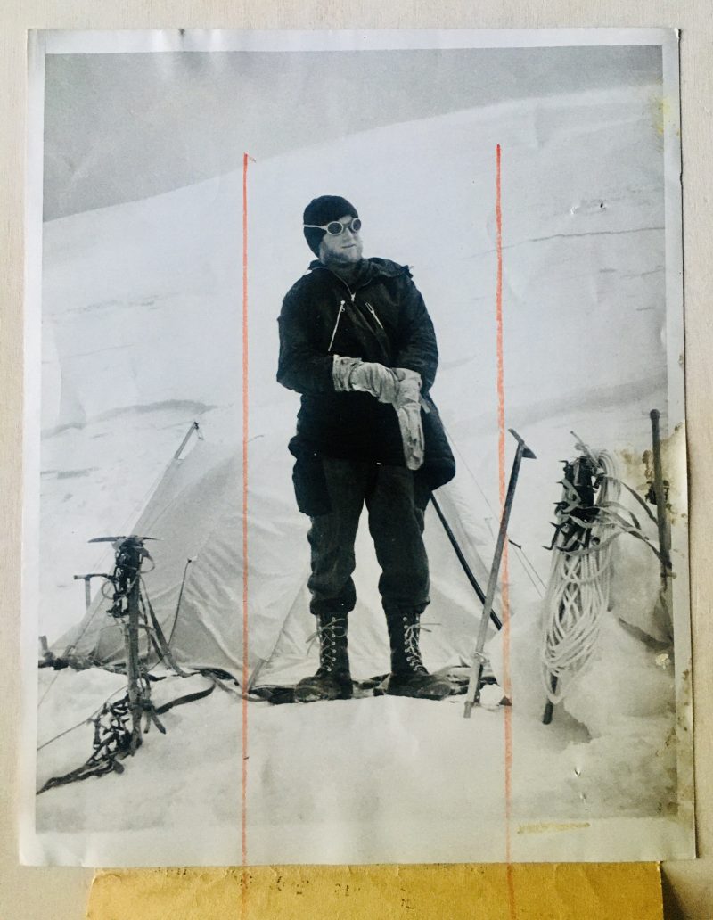 Authentic Press Photograph, 'Associated Press NewsPhoto' stamp on verso. Measures 7.25 x 9 inches. Brown paper sheet attached: 'Long Way from California. William Dunmire, 23 year old zoologist member of the team of Californians attempting to scale Makalu, the World's Fourth Mountain in the Himalayans near Mt. Everest (... more text). Dated 6/2/54. Notice orange pencil crop marks. Asking USD$45