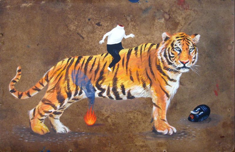 SADDO (Bulgaria) 'Headless & Tiger' 2012. Acrylic on Illustration Board. Measures 15.75 x 10.25 inches. $600.