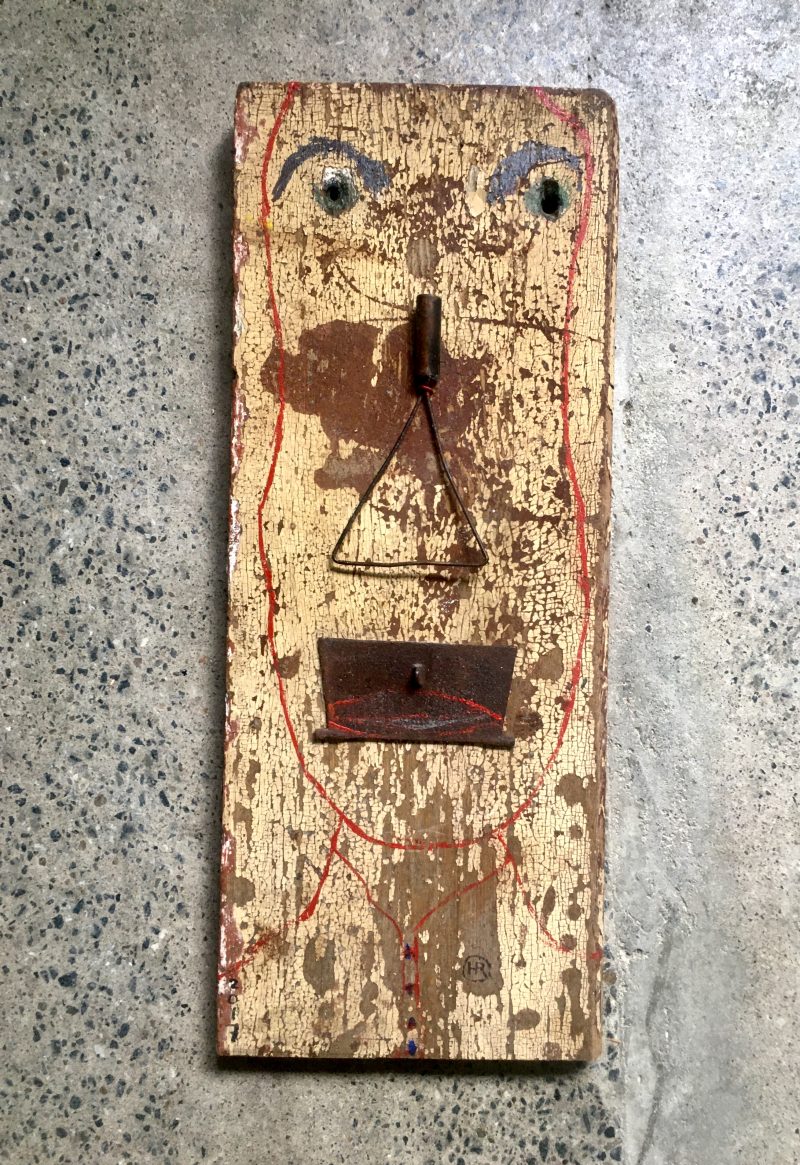 Herman Ruhland (Perth, Ontario), 'Self Portrait with Elongated Face', 2017. Paint & Found Objects on Discarded Found Wood. 9.75 x 24.5 inches. $600.