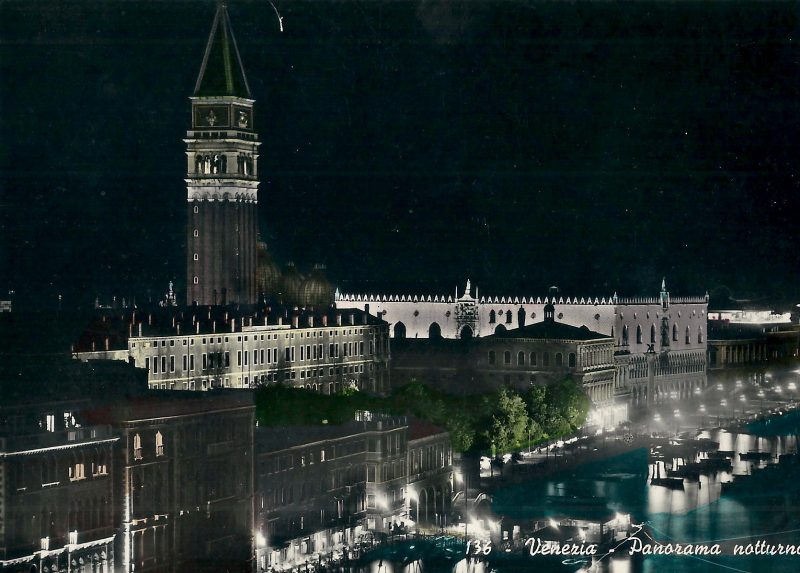 'Panorama Nocturne, Venezia, Italy'. Authentic Vintage Real Photo Postcard with Color Retouch. Measures 5.75 x 4.25 inches. Handwriting on verso. Stamp & dated 1957. $15. 