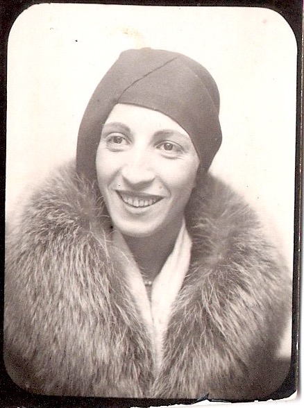 Mid Century Authentic Photograph, 'Beautiful Smiling Woman in Fab Hat & Fur Collar, in Photo Booth'. Measures 1.5 x 2 inches. $15
