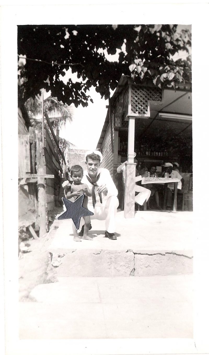 Mid Century Vintage Authentic Photograph, 'Sailor & Adorable Child, 1940's'. Measures 2.75 x 4.5 inches. From an American Estate Sale. $25.