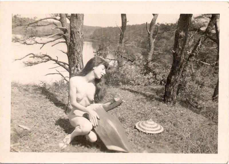 Mid Century Vintage Authentic Photograph, 'Swan Song: Nude Lady with Wood Swan & Fab Straw Hat'. Dated 1941 on verso. Measures 3.5 x 2.5 inches. From an American Estate Sale. $35.