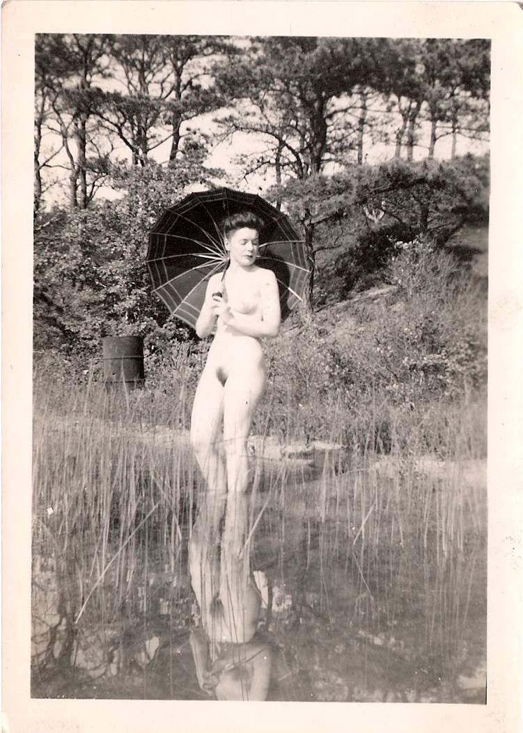 Mid Century Vintage Authentic Photograph, 'Female Nude with Umbrella', Measures 3.5 x 2.5 inches. From an American Estate Sale. $35.
