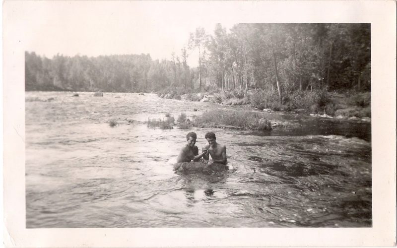 Vintage Anonymous Photograph, 'Buddies Arm Wrestling in the River', Handwritten '1949', Measures 4.75 x 3 inches. $25