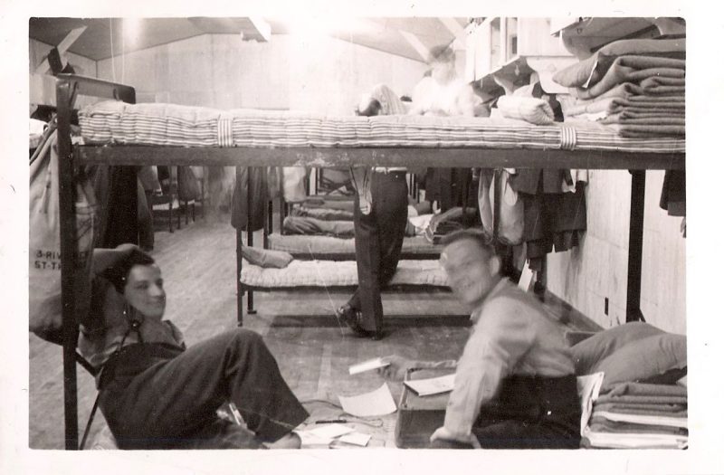 Vintage Anonymous Photograph, 'Men in Bunk Beds Dormitory', (Notice duffel bag at end of bed says 'Trois-Rivieres'), Measures 2.75 x 4 inches. $25