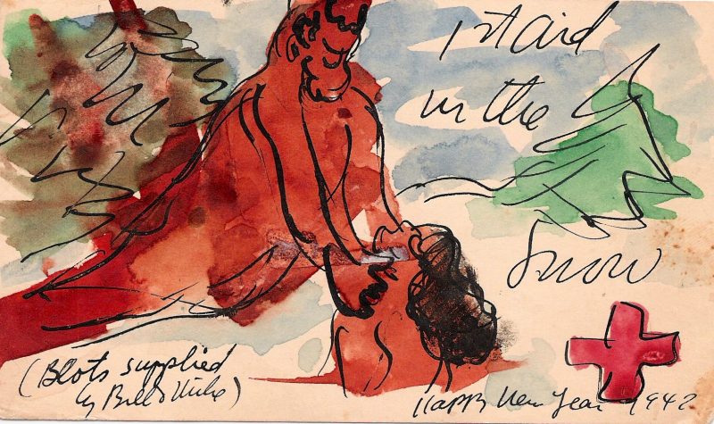 1942 Authentic Watercolor & Ink Drawing on Vintage Postcard, Depiction of 'Santa Assisting a Fallen Lady' (yes, very particular). Written in ink '1st Aid in the Snow' & 'Happy New Year 1942'. Card is addressed on back of card to an person residing on Lexington Ave. in New York City. Measures 3.25 x 5.5 inches. $45.