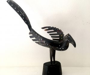 SOLD. Mid Century Sarimonak Horn Bird Sculpture with Inlay 1970’s