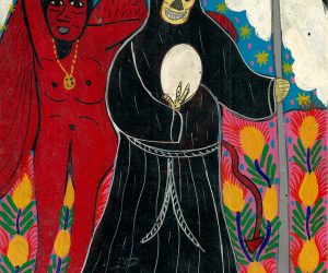 Vintage Folk Brut Art Mexican ‘Death & The Devil’ Painting