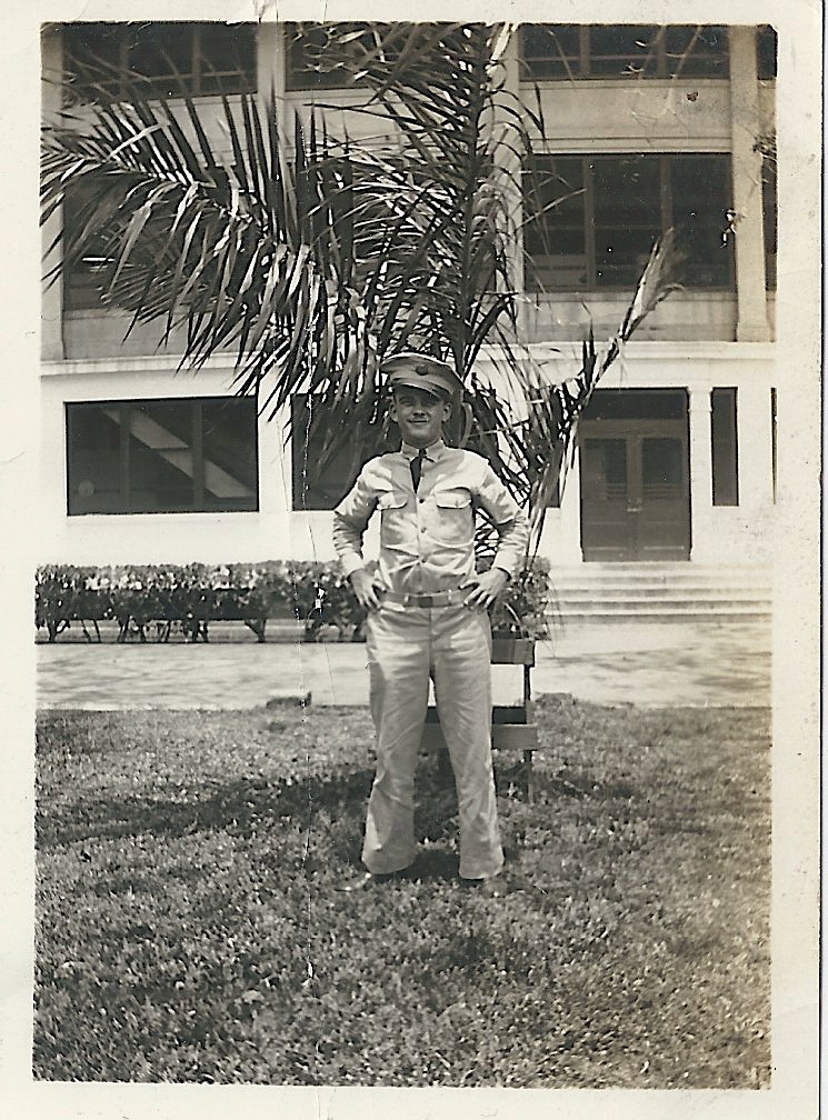 Authentic Mid Century 'Beautiful Ghosts' Series, 'Soldier & Palm Tree', Vintage Photographs 1940-50's. Measures 2.5 x 3.5 inches. $5 / crease along centre.
