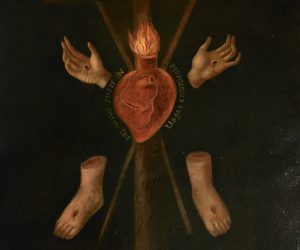 SOLD. Rare Religious ‘Ex Voto’ Painting on Metal, ‘Sacred Heart, Stigmata Hands & Feet of Christ’