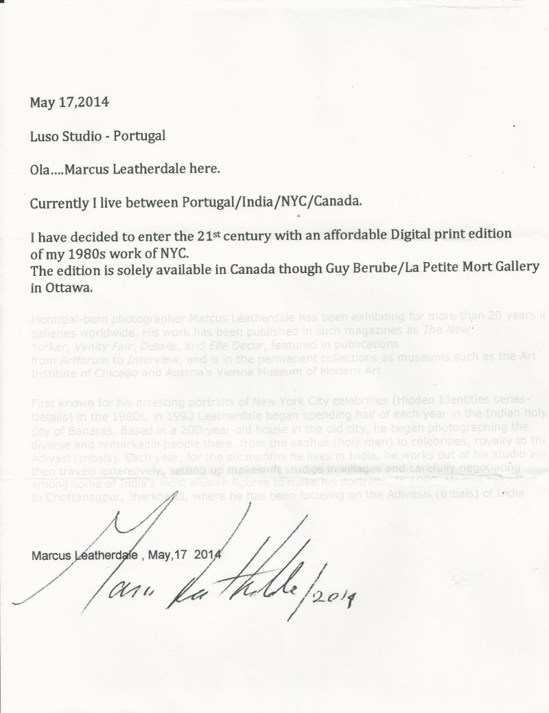 Letter from Leatherdale stating our agreement to offer a selection of prints for sale, dated 2014.