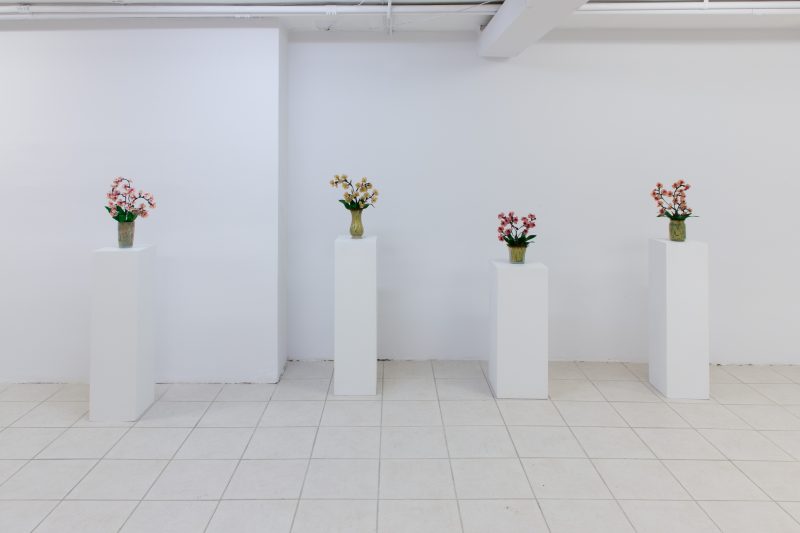Brigida Cuddemi, Untitled (Flowers), c. 2019, flour, water, food colouring, Mod Podge, wire, gardener’s tape, hand-painted vases, garden foam, moss
