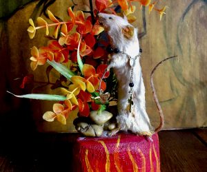 SOLD. Taxidermy Mouse with Rosary Hiding in Vintage Tropical Aquarium Plants