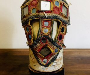 Rare Mid Century Textile Mask with Mirror Inlay