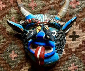 Vintage Terra Cotta Mexican Folklore Diablo Mask with Horns & Serpents