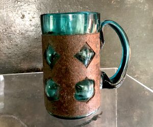 Vintage Blue Blown Glass Mug with Metal